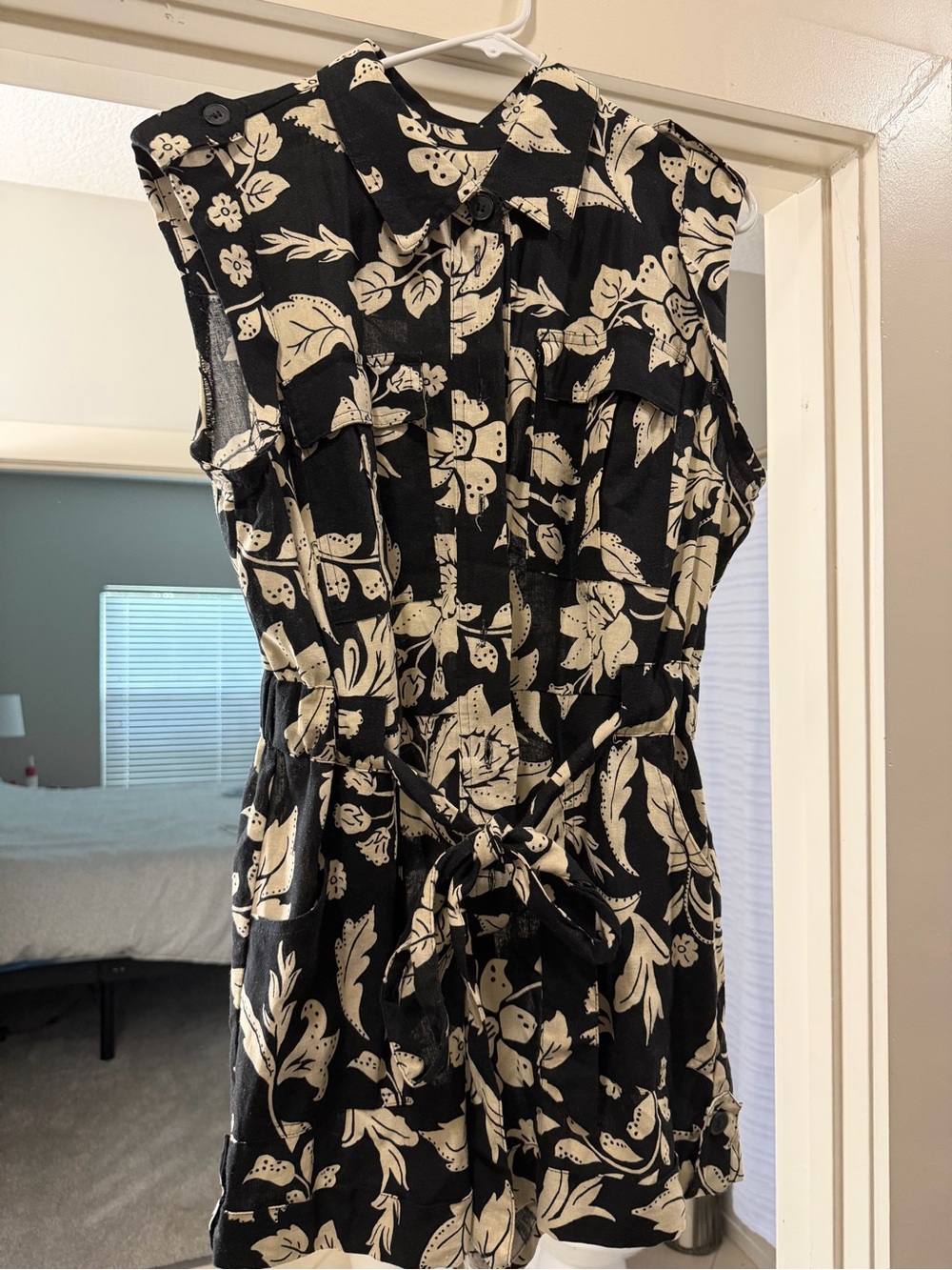 Sleeveless Black & Cream Floral Tie-Waist Top